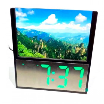 Электронные проводные настольные цифровые часы DS-6608 с фоторамкой, зеленая подсветка
