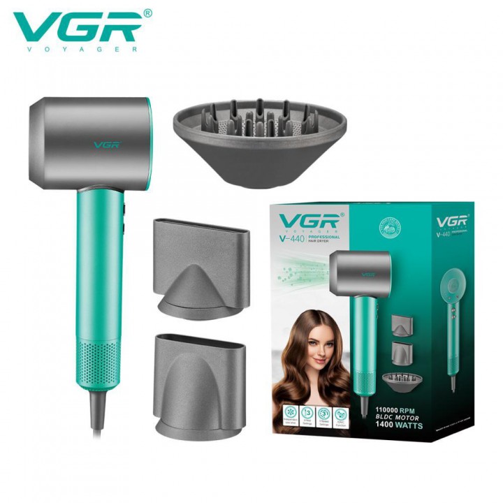 Фен професійний VGR V-440 GREEN, 3 рівні обдування, 3 рівні температури, 110000 RPM, 3 насадки