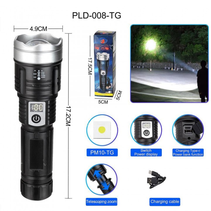 Ліхтар PLD-008 WHITE LASER LED PM10-TG, Li-Ion акумулятор, power bank, індикація заряду, ЗУ Type-C, zoom, Box