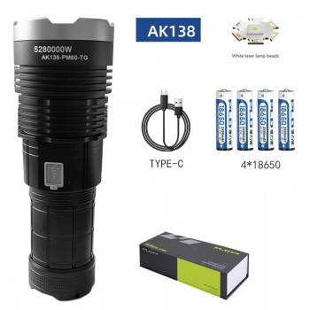 Фонарь AK138 WHITE LASER LED PM60-TG, 4х18650, power bank, индикация заряда, ЗУ Type-C, zoom, Box