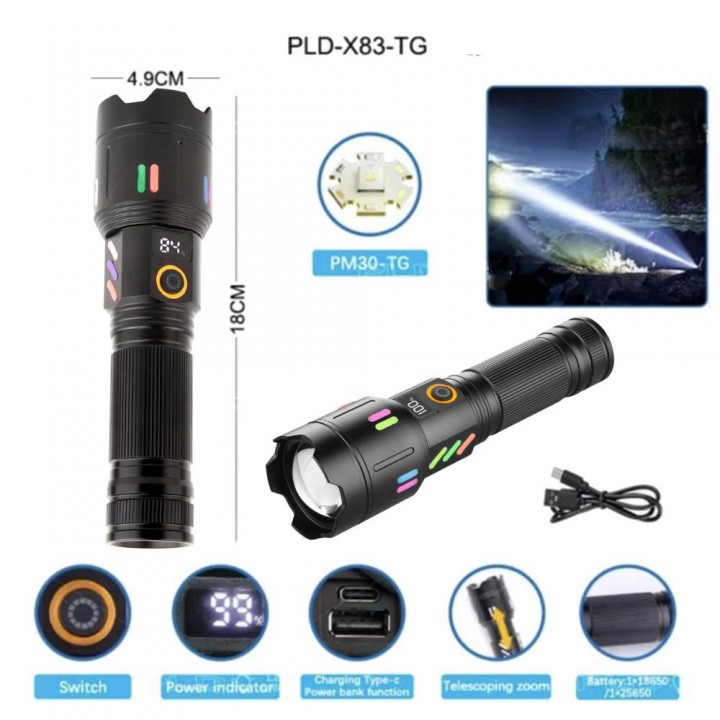 Фонарь NIGHT VISION FLUORESCENCE X83 WHITE LASER LED PM30-TG, 1х26650, power bank, индикация заряда, ЗУ