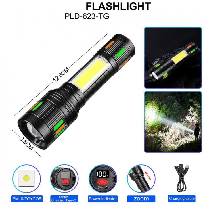 Фонарь NIGHT VISION FLUORESCENCE 623-TG+COB, Li-Ion аккум., ЗУ Type-C, индикация заряда, zoom