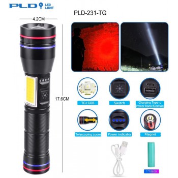 Ліхтар PLD-231 WHITE LASER LED PM10-TG+COB(white+red), 1х18650, power bank, індикація заряду, ЗП Type-C, магніт, zoom, Box