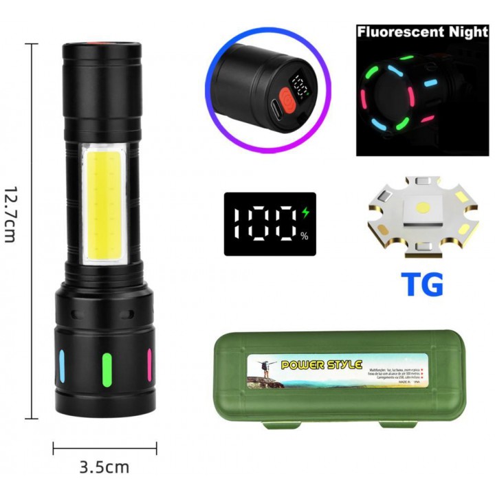 Фонарь NIGHT VISION FLUORESCENCE BL-627-TG+COB, Li-Ion аккумулятор, индикация заряда, ЗУ Type-C, zoom