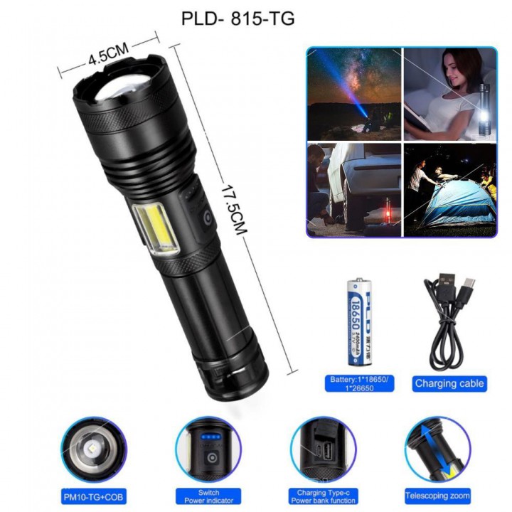 Ліхтар PLD-P815 WHITE LASER LED PM10-TG+COB(white+red),1х18650, power bank, індикація заряду, ЗУ Type-C, zoom, Box