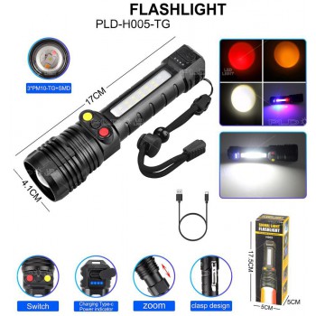 Ліхтар PLD-H005-3PM10-TG(white+yellow+red)+14SMD, Li-Ion акум., індикація заряду, ЗУ Type-C, zoom, Box