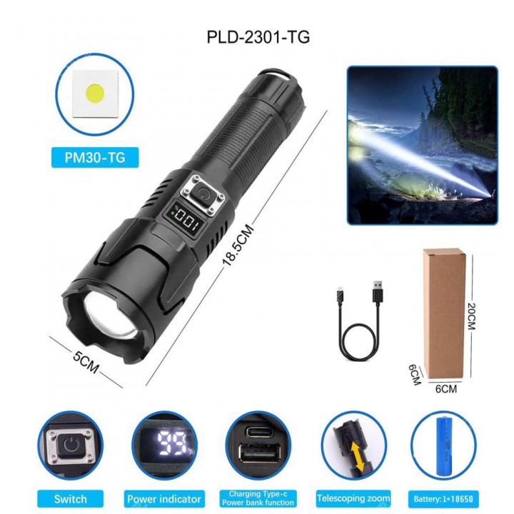 Ліхтар PLD-2301 WHITE LASER LED PM30-TG, 1х18650/1х26650/3xAAA, power bank, індикація заряду, ЗП Type-C, zoom, Box