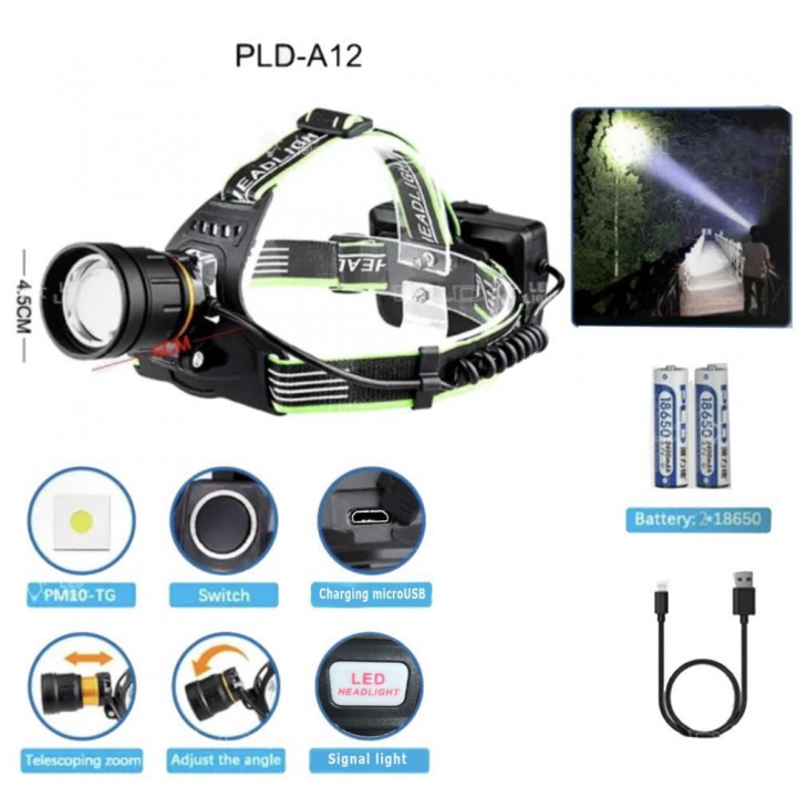 Ліхтар налобний PLD-A12-TG, 2x18650, zoom, ЗП microUSB, Box