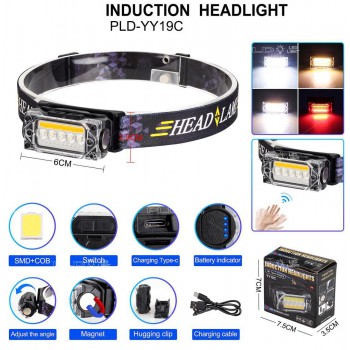 Фонарь налобный YY-19С-5SMD+COB(white+yellow+red), Motion Sensor, Li-Ion аккум., ЗУ Type-C, магнит, Box