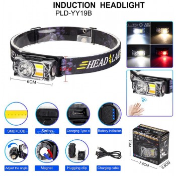 Фонарь налобный YY-19B-3SMD+2COB(white+yellow+red), Motion Sensor, Li-Ion аккум., ЗУ Type-C, магнит, Box