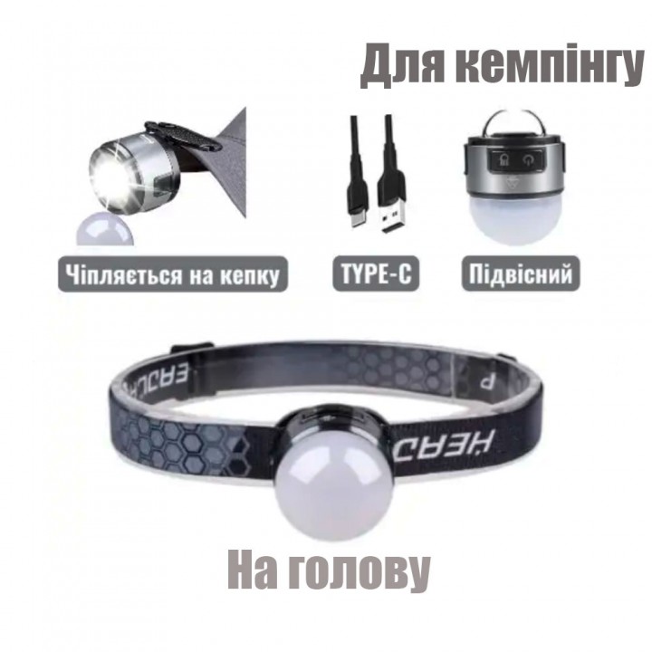 Ліхтар акумуляторний 3 в 1 налобний,на кепку, для кемпінгу PL-125 XPC+COB, Type-C
