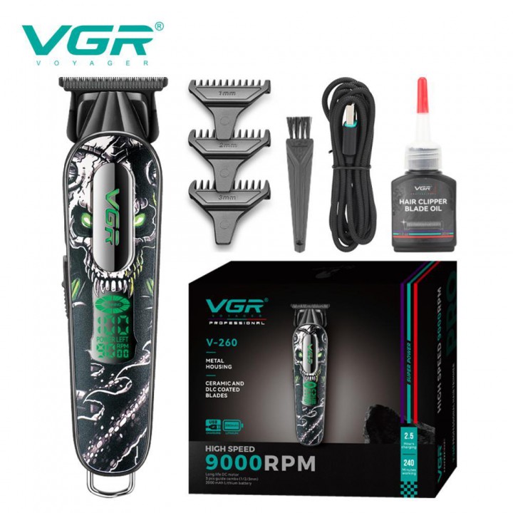 Тример VGR V-260 GREEN, 3 насадки, 2000mAh, 9000 RPM, LED display