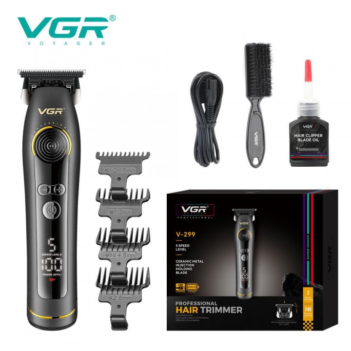 Тример VGR V-299 BLACK, 4 насадки, 9000RPM, 2000 mAh, 5 рівнів швидкості, LED display