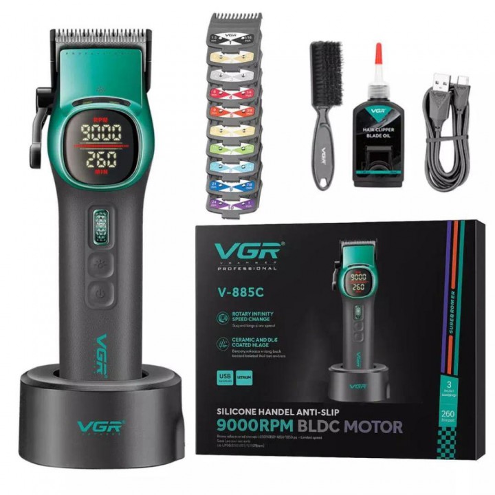 Акумуляторна машника для стриження (clipper) VGR V-885C GREEN, 10 насадок, LED display