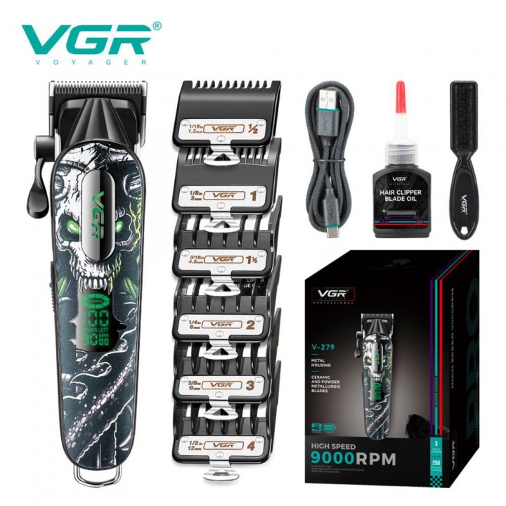 Акумуляторна машинка для стриження (clipper) VGR V-279 GREEN, 6 насадок, 9000 RPM, 2500 mAh, LED display