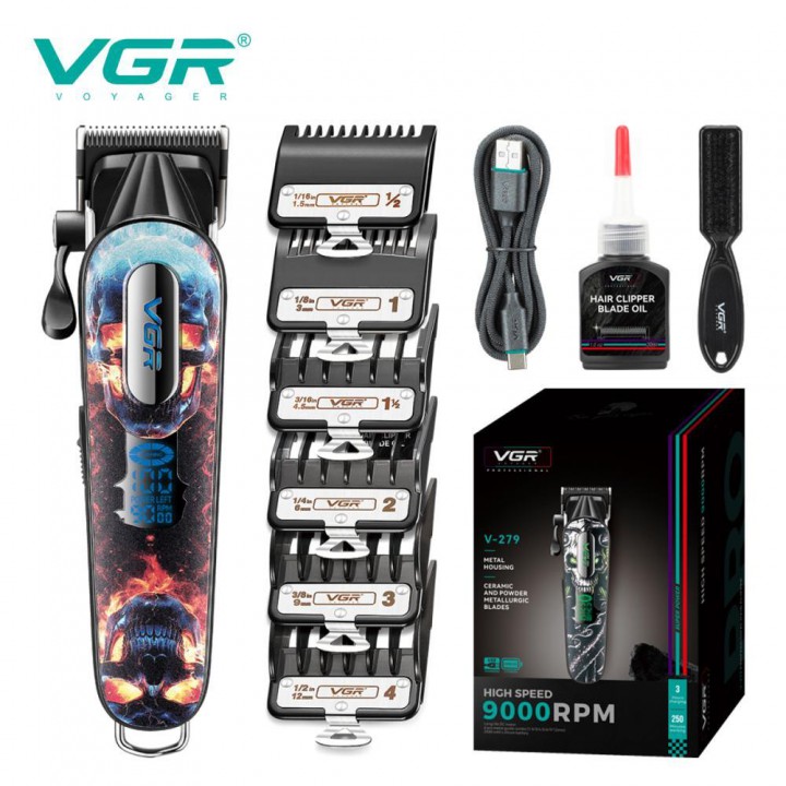 Акумуляторна машинка для стриження (clipper) VGR V-279 RED, 6 насадок, 9000 RPM, 2500 mAh, LED display