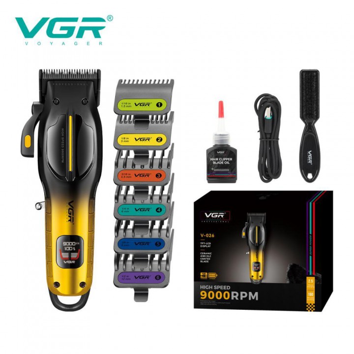 Аккумуляторная машинка для стрижки (clipper) VGR V-026 GOLD, 6 насадок, 9000 RPM, LED display