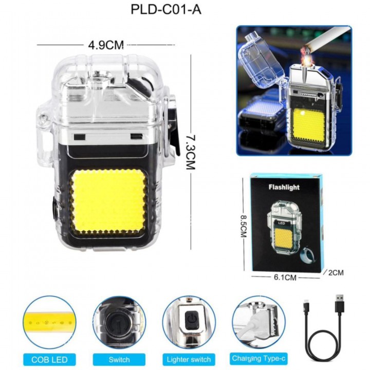 Фонарь MULTIFUNCTIONAL C01-A-COB, Li-Ion аккум., ЗУ Type-C, зажигалка, Box