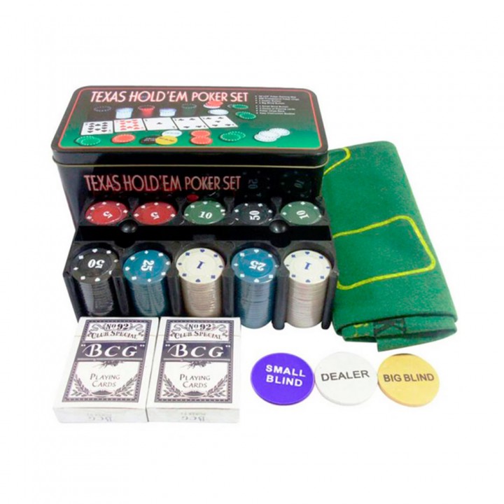 Покерный набор на 200 фишек с номиналом в металлической коробке «Техасский холдем»