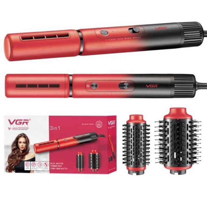 Фен-стайлер VGR V-489 RED 3 в 1, Professional, 3 насадки, 1100-1300 Вт