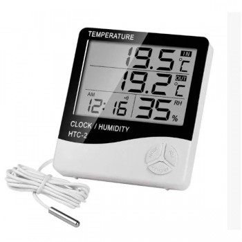 Электронный цифровой термометр гигрометр с выносным датчиком и часами HTC-2