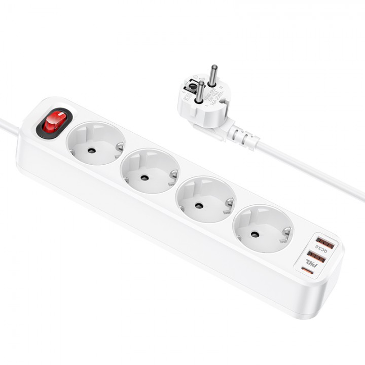 Мережевий зарядний пристрій NS1 Aura 4-bit extension cable socket(including 1C2A PD20W fast charge)(EU/GER), White